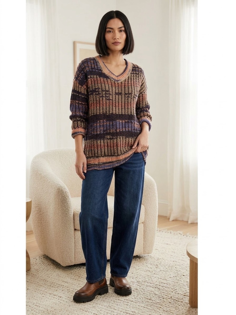 Taylor & Sage Chunky Cozy Multicolor V-Neck Long Knit Sweater - Women Size M